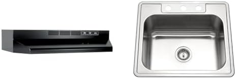 Broan-NuTone 413023 Ductless Range Hood Insert with Light, Exhaust Fan for Under Cabinet, 30-Inch, Black & Houzer Stainless Steel 2522-8BS3-1 Glowtone Series Kitchen Sink