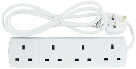 Extension Plug 4 Way Socket Long Extension Lead Mains Powers Gang Way Adapter Surge Protection With 1 Meter White Power Cable Strip Socket For Home Office (1, 1 meter)