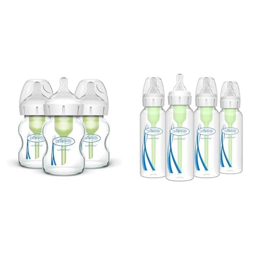 Dr. Browns Natural Flow Anti-Colic Options Wide-Neck Glass Baby Bottles 5 oz150 mL & Natural Flow Anti-Colic OptionsTM Narrow Baby Bottles 8 oz250 mL, with Level 1 Slow Flow Nipple, 4 Pack, 0m
