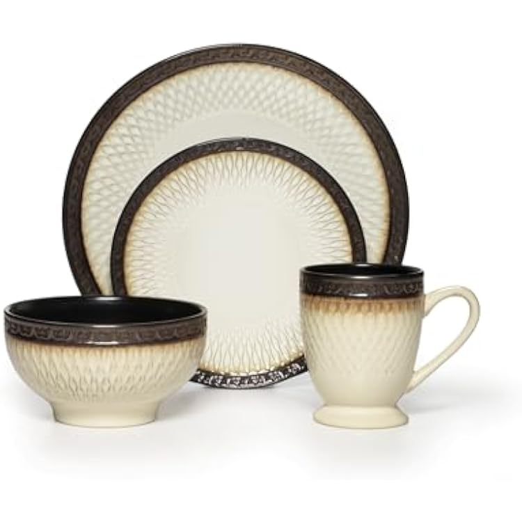 Gourmet Basics by Mikasa Sorrento 16-Piece Dinnerware Set - Service for 4, Dishwasher Safe Stoneware with Raised Grid Design - Casual & Stylish for Everyday Use or Formal Dining, Ceramic Dish Set