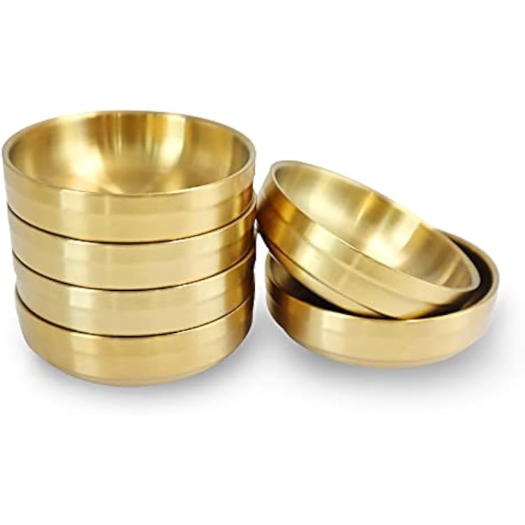 6PCS Small Double Deck Stainless Steel Sauce Dish, 3.5 In Round Mini Condiment Tray, Sauce Plate, Sushi Dipping Bowls, Appetizer Trays, Dinner Plate Condiment Dish for Restaurant and HomeGolden