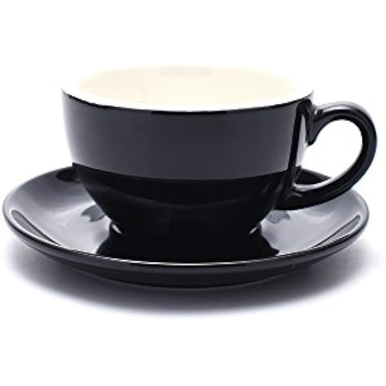 Free Pour Coffee Cup and Saucer, Small Cappuccino and Double Espresso, Ceramic Coffee Cups for Coffee Shop and Barista Glossy Black, 5 oz
