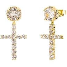 JINAO Cross Hoop Dangle Earrings 14K Gold Plated 5A+ Cubic Zirconia Cartilage Hypoallergenic Sterling Silver Cross Dangle Drop Earrings For Men Women