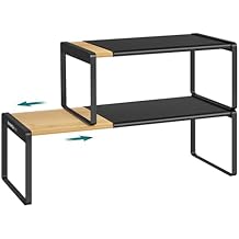 SONGMICS HOME Spice Racks, Expandable Cupboard Shelf Orgnizers, Kitchen Counter Shelves, Bamboo and Metal, Space-Saving Shelving, Stackable, Light Bamboo and Ink Black UKCS051B01