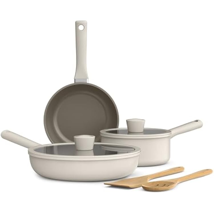 bella 7 Piece Cookware Set with EverGoodTM Ceramic Nonstick Coating, Dishwasher Safe Oven Safe, All Stovetops Compatible, Glass Lids with Silicone Rims, Cool Touch Handles, Oatmilk