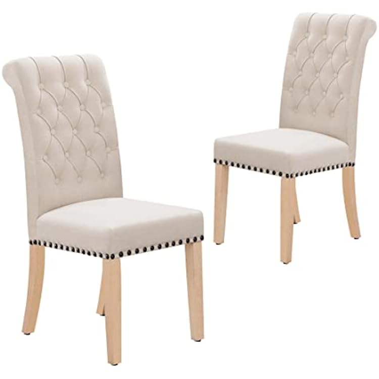 Dining Chairs Set of 2, Fabric Linen with Tufted Back Nailed Trim and Solid Wood Legs, Beige