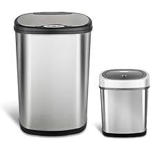 Ninestars 2-Piece Automatic Trash Can Combo Set, 13 Gal (50L) & 3 Gal (12L) Touchless Motion Sensor Garbage Cans with Odor-Sealing Lids, Oval Silver Stainless Steel, Black Lid