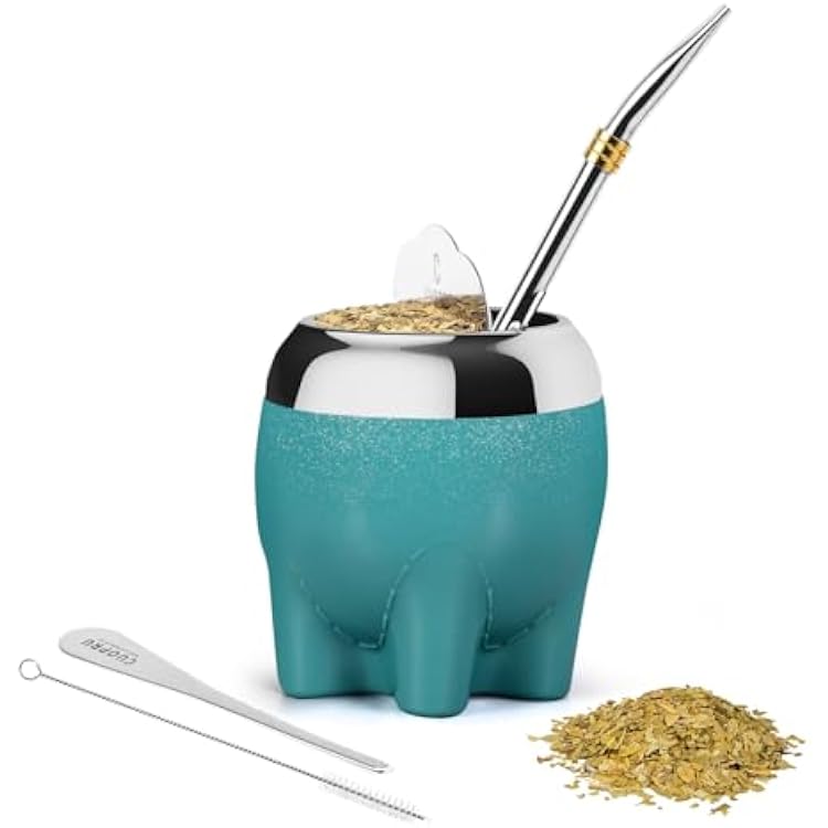 Cuopru Premium Yerba Mate Cup 5 in 1 Set, Including Stainless Steel Gourd Glitter Stars, Cute Elephant Style Bombilla Straw, and Tea Shaper Set, 5.4oz, Gift for Women Drinking Coffee Tea Water