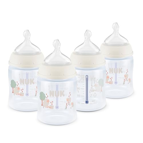 NUK First Choice Smooth Flow Anti-Colic Bottle, Peach, 5 oz. Baby Bottle with SafeTemp Temperature Indicator, Newborn Essentials, 4-Pack