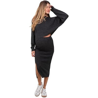 PinkBlush Charcoal Ribbed Knit Asymmetric Top Midi Skirt Maternity Set