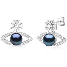 YAMI Women's Silver Saturn Eye Pearl Stud Earrings Black Eye Pearl Stud Earrings 925 Sterling Silver Cubic Zirconia Black Eye Pearl Silver Earrings Unique Saturn Stud Earrings Jewelry Gifts for Women