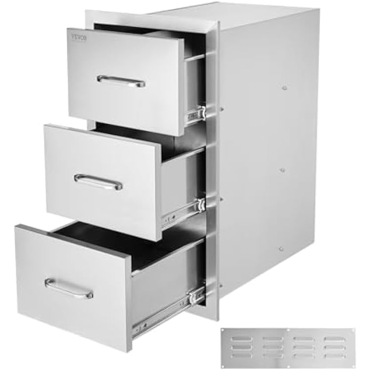 VEVOR Outdoor Kitchen Drawers, 18.5 W x 22.5 H x 22.5 D Triple Access Drawers, Stainless Steel Flush Mount Cabinets, BBQ Island Storage with Handle, for Outdoor Kitchens or Patio Grill Station