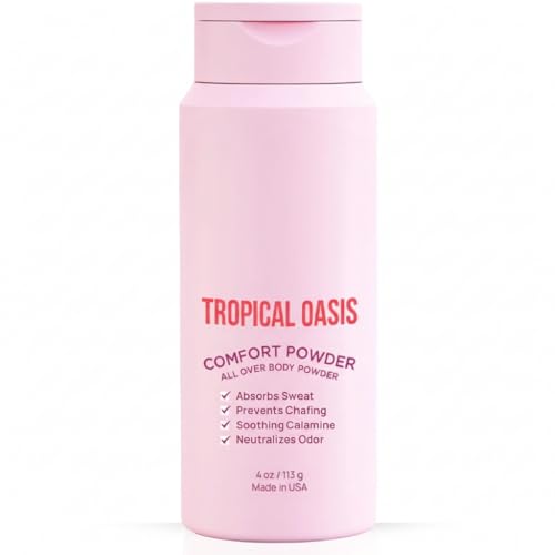 Tropical Oasis Comfort Body Powder with Calamine, All Over Powder for Sweat and Chafing Prevention, Pink, 4 oz