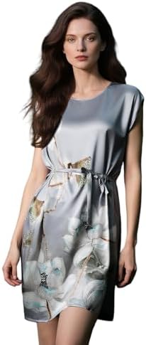 100% Mulberry Silk 19 Momme Premium-Weight Belted Dress for Women Artistic Print Sleepwear & Loungewear One-Size