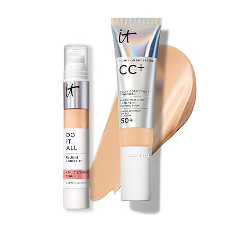 IT Cosmetics CC+ Cream with SPF 50+ Natural Finish Full Coverage Foundation (Light Medium Warm - 1.08 fl oz) & Do It All Radiant Concealer Multivitamin Serum Makeup (225 Light Medium Warm - 0.2 fl oz)