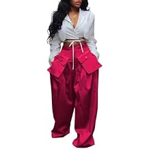 LKOUS Women's High Waist Casual Wide Leg Satin Cargo Sweatpants, Loose Dress Pants for Women, Lounge Pants with Pockets