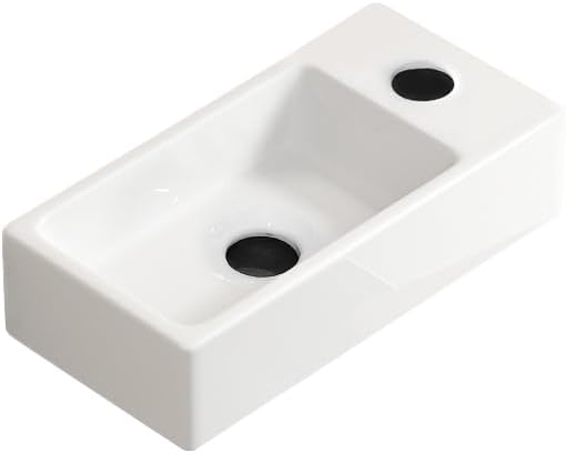 14" Modern Wall Hung Basin Sink, Rectangle Ceramic Cloakroom Hand Wash Basin, Right Tap Hole, High Gloss White(Right Hand)