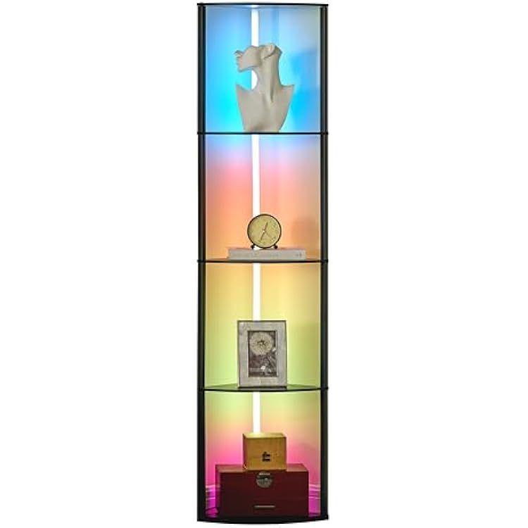 Woodronic 5-Tiered Corner Shelf with LED Light, 64 Inch Standing Shelf Organizer, Metal Frame Solid Wood Storage Display Rack for Living Room, Bedroom, Kitchen, Gaming Room