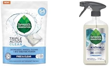 Seventh Generation Triple Action Clean Automatic Dishwasher Detergent Packs (54 Count) and Seventh Generation Foaming Dish Spray, 3X Grease Fighters, Free & Clear, 16 Fl. Oz