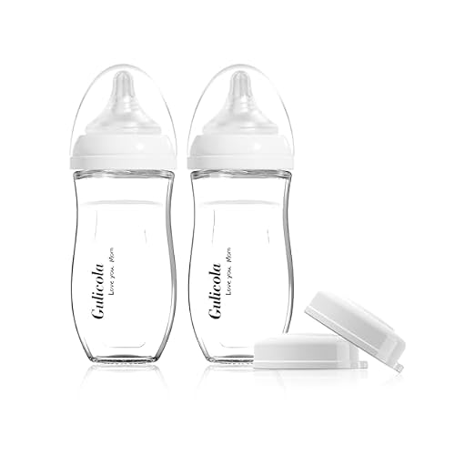 Gulicola Natural Glass Baby Bottle for Breastfed Babies, Anti-Colic Baby Bottle Set with Medium Flow Nipple, 3 Months , 8 oz, 2 Pack - White