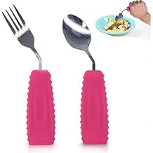Adaptive Utensils for Hand Tremors,Arthritis and Parkinsons -Weighted Silverware with Non-Slip Handle to Easy Grip,Eating Flatware for Elderly Use (Right Hand 1 pc Fork+1 pc Spoon=2 pcs,Pink)