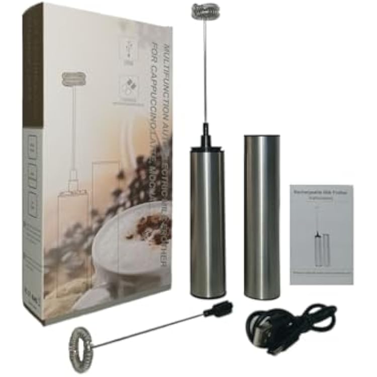 Handheld Milk Frother With Sleeve Rechargeable Foam Maker Frother Wand For Coffee, Latte, Cappuccino, Hot Chocolate, Drink Mixer 2 Stainless Steel Whisks...