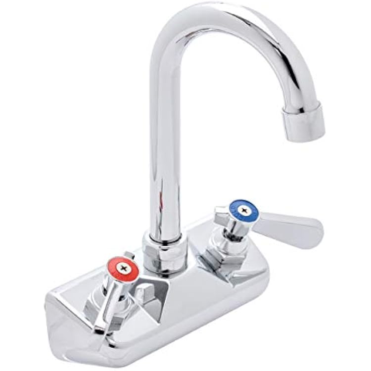 DuraSteel Commercial Kitchen Sink Faucet - No Lead 4 Center Wall Mount Utility Hand Sink Faucet with 3-12 Gooseneck Spout - NSF Certified - Dual Lever Handles - Brass Constructed & Chrome Polished