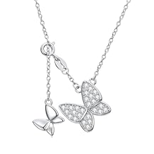 Diamond Butterfly Necklace for Women - White Gold Plated Necklace with Real Diamonds - 16"+2" Chain - Unique Jewelry Gift for Women Wife Girlfriend