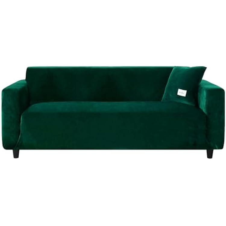 Stretch Sofa Slipcover, Soft Velvet Sofa Couch Covers with Pillowcase Furniture Protector for Pets Kids Small, Dark Green