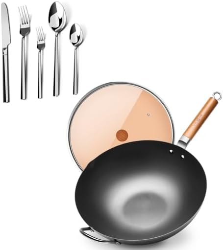 WANGYUANJI 5-Piece Stainless Steel Flatware Set and 14.2 inch Woks for Stir-fry, Chinese Stir Fry Pan Uncoated