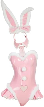 Mobbunny Women Bunny Cosplay Costume Bunny Girl Pink Cutout Jumpsuit Anime Cosplay Bodysuit with Headband and Tail