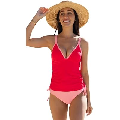 Beachsissi Womens Fashion Color Block Bathing Suit Drawstring Tankini Set