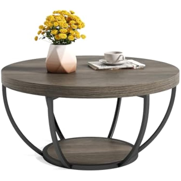 LITTLE TREE Round Coffee Table, 32 Circle Coffee Table for Living Room, 2-Tier Wood Accent Center Table with Open Storage Industrial Design Home Furniture Grey and Black
