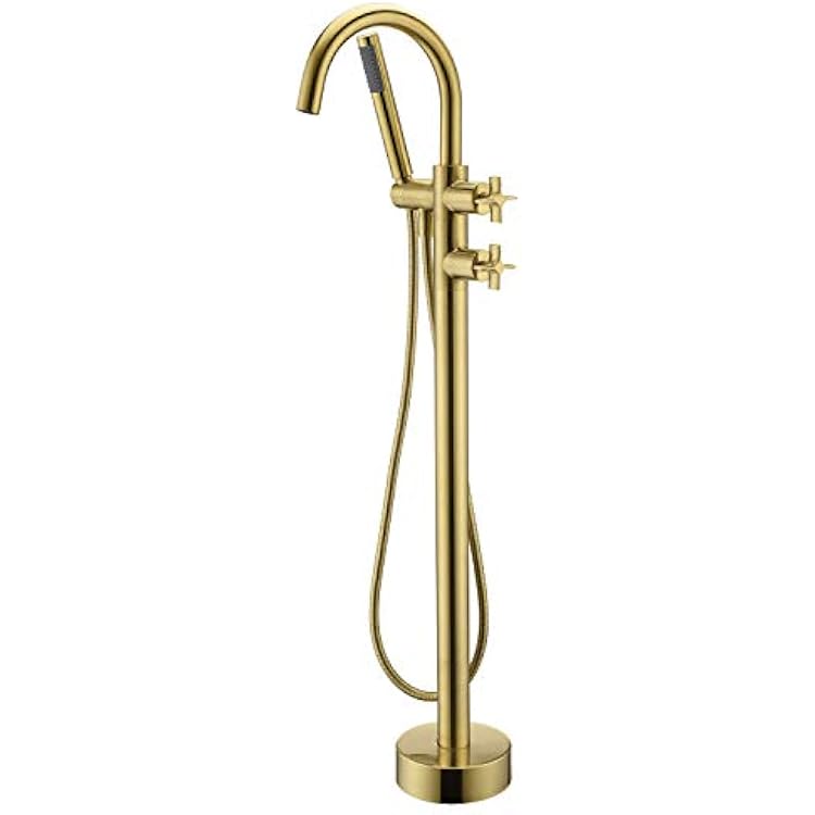Freestanding Tub Filler Bathtub Faucet Brushed Gold Floor Mount Brass Bathroom Faucets with Hand Shower