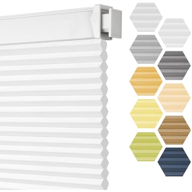 Grandekor No Drill Cellular Shades for Windows,Cordless Window Blinds for Indoor Windows,Blackout Honeycomb Shades,Thermal Insulated Noise Reduction,34 W x 64 H,Light Filtering-White