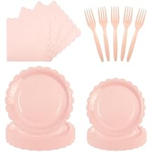 96PCS Pink Paper Plates and Napkins, 24 Guest Light Pink Disposable Scalloped Paper Plates Napkins and Forks Decoration Party Supplies for Valentine's Day Birthday Wedding Baby Shower