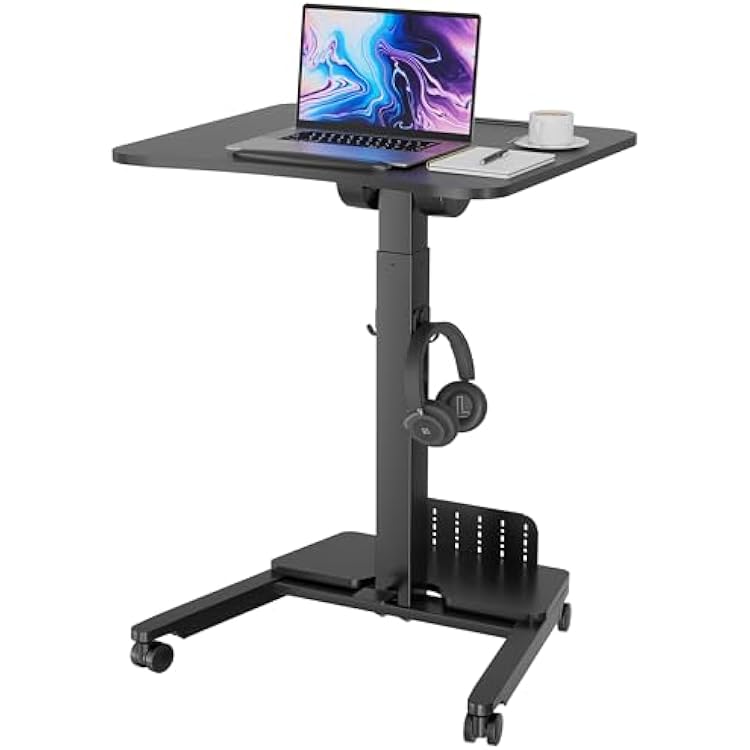 BONTEC Mobile Standing Desk Adjustable Height, Rolling Laptop Cart with Storage Shelf, Hooks, Portable Workstation with Pneumatic Lift, Ergonomic Compact Home Office Desk, Black 23.6 x 20.5