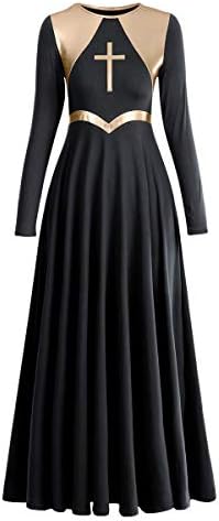 IBAKOM Womens Liturgical Praise Lyrical Dance Dress Loose Fit Full Length Long Sleeve Metallic Worship Costume Ballet