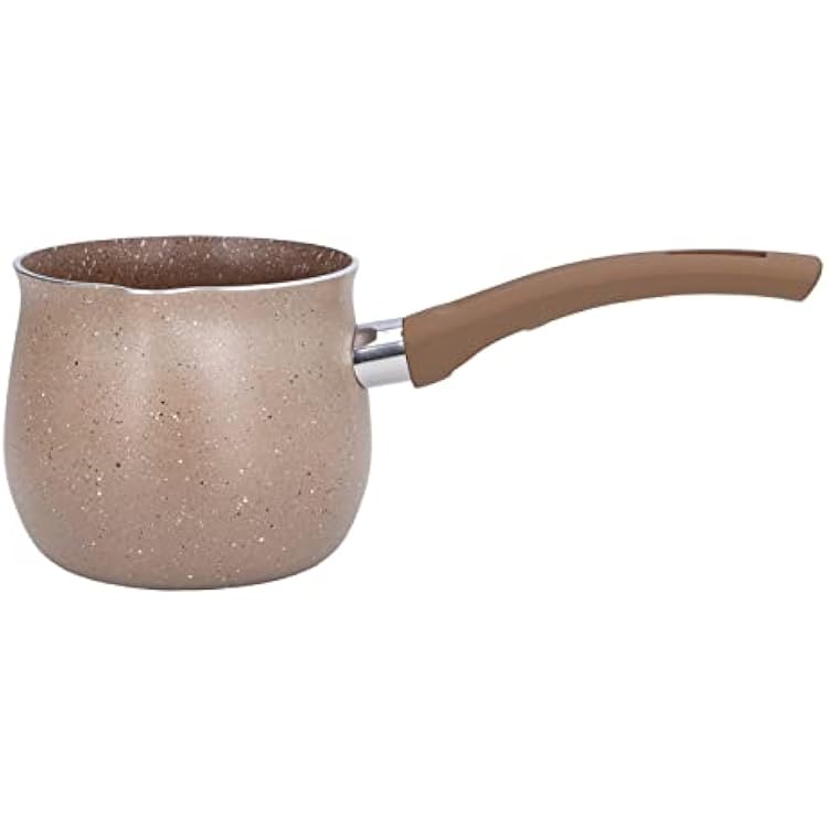 Milk Pan, 10cm Dia Nonstick Saucepan with Pour Spouts Aluminum Alloy Sauce Pan Enameled Inside Coating Small Soup Pot with Single Handle for Coffee Butter ChocolateBrown