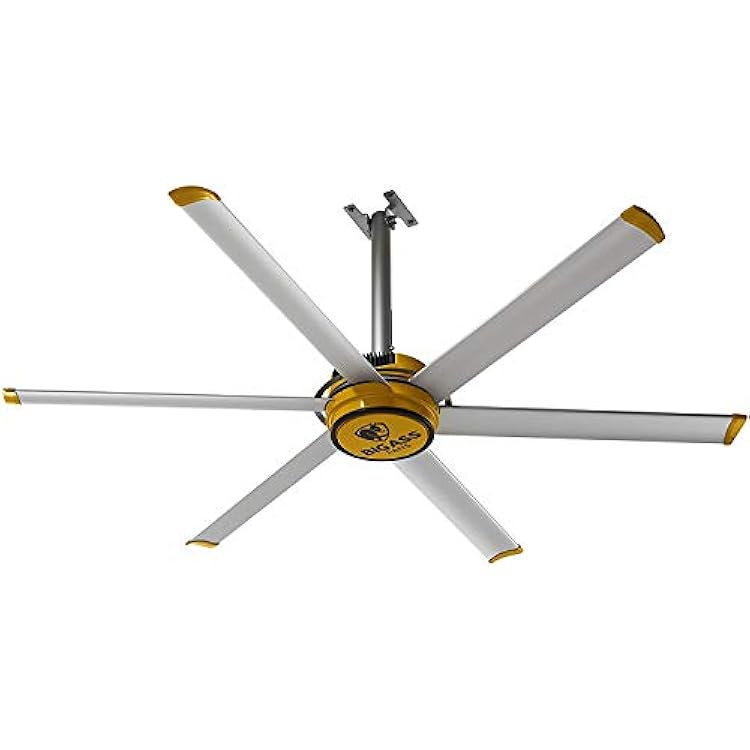 Big Ass Fans E-Series 7 ft Industrial 6 Blade Ceiling Fan Gearless Direct Drive Motor, High Volume Low Speed, Wired Wall Controller, 110-125V1ph - SilverYellow