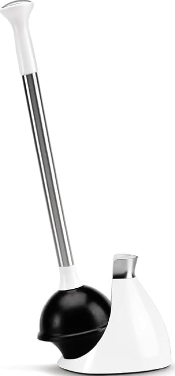 simplehuman Toilet Plunger with Holder Set, Magnetic Drip-Free Cover, Narrow Flange for Modern Low-Flow Toilets, Hidden Dome Storage, Stainless Steel, White