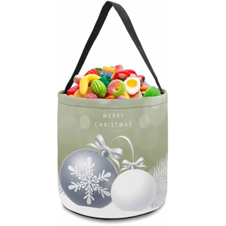 1 PCS Halloween Candy Bucket Trick Or Treat Tote Bags,Merry Christmas Words Portable Grocery Goody Buckets Reusable Candy Basket for Holiday Party Favor,Bell Snowflake