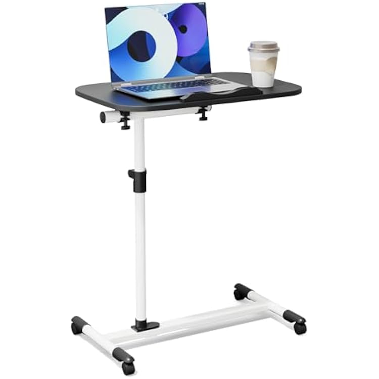 Athena Collection Height Adjustable Rolling Desk Mobile Portable Laptop Stand Cart Small Sit Standing Desk Computer Table Workstation for Home Office, Black White
