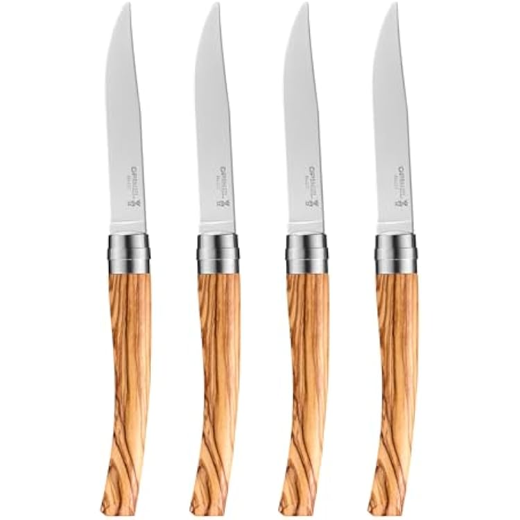 OPINEL Table Chic Steak Knife Set, Iconic French Design, Rounded Wood Handles in Ebony, Olive, Ash or Birch Wood, Set of 4, Craft Gift Boxed, Made in France Olive