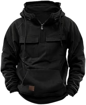 Mens Hoodies Graphic Design Quarter-Zip Drawstring Cargo Tactical Sweatshirts Fashion Long Sleeve Hooded Pullover