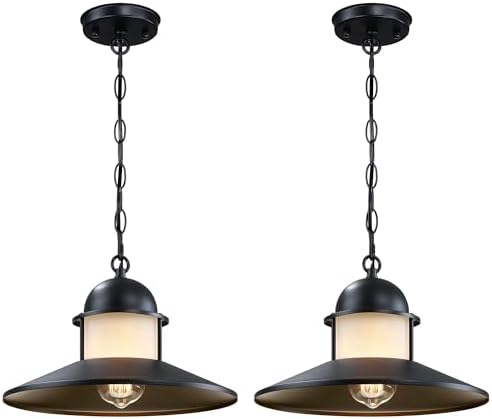 Outdoor Pendant Light 2 Pack, Modern Outside Chandelier Outdoor Hanging Lantern Light in Matte Black with Frosted Glass, Exterior Pendant Lighting Fixture Ceiling Mount for Porch Patio Gazebo