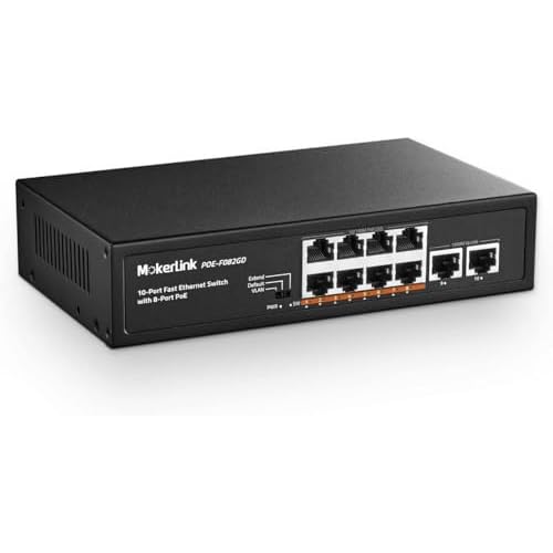 MokerLink 10 Port PoE Switch, 8 Port PoE 100Mbps, 2 Gigabit Uplink, 96W 802.3afat, Vlan & Extend, Fanless Metal Plug & Play Ethernet Switch