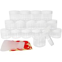16pack 20g Empty Sample Jars, 20ml Small Plastic Refillable Cosmetic Container for Makeup Eyeshadow Jewelry Cream Slime Bath Lotions Oils, Clear Round Pot White Lid, Free Spatulas +Label