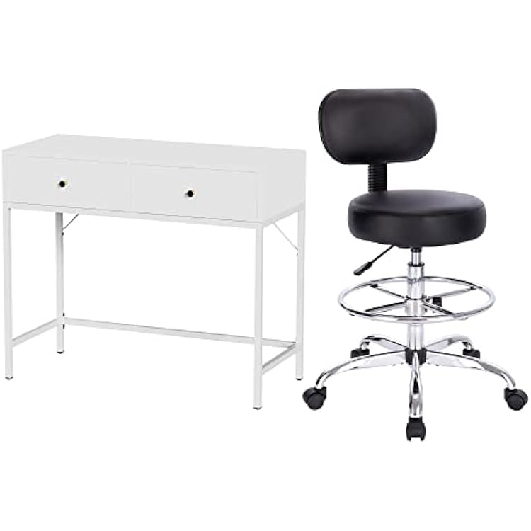 SUPERJARE Vanity Desk with 2 Drawers and Drafting Chair with Back, Adjustable Foot Rest Rolling Stool
