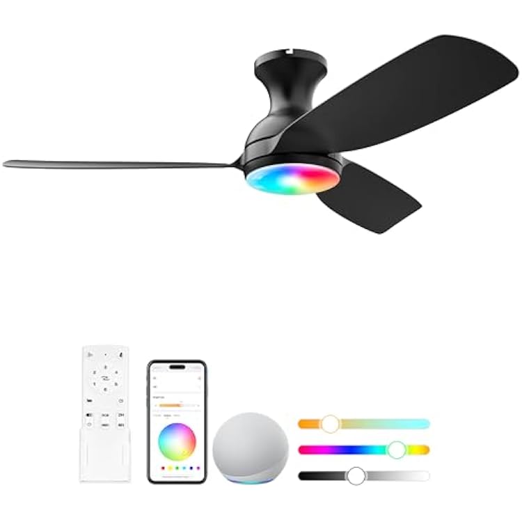 Smart Ceiling Fans with Lights, Consciot 44 inch Matter Ceiling Fan Work with Alexa, RGBCW Color Changing Ceiling Fans, WiFi Bluetooth Group Control, Modern Ceiling Fan for Bedroom, Party, Gift, Black